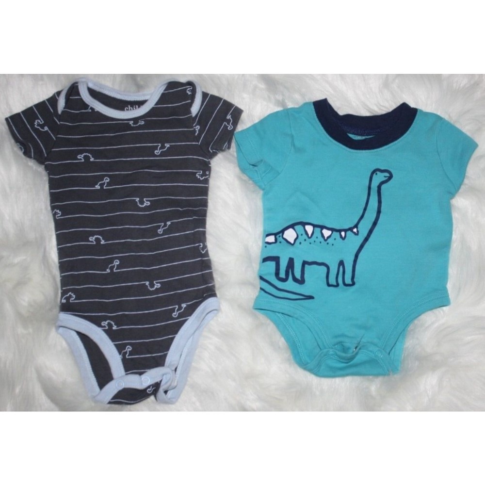 3/$15 Carters Child of Mine Set of Two Onsies Sz 0-3 Mo Dinosaur Green Gray EUC